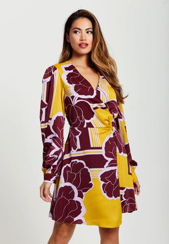 Womens Geometric Floral Print Mini Wrap Dress In Mustard And Burgundy - - 8 - Liquorish - Modalova