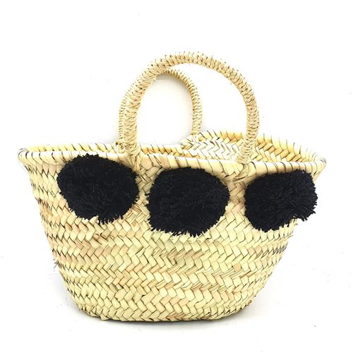 Womens Small Fringe Market Beach Bag with Black Pom Poms - Stylish Summer Tote - - One Size - Harfi - Modalova