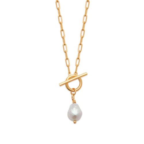Womens 18ct Gold Vermeil Pearl T-Bar Necklace - June Birthstone - - 18 inches - Harfi - Modalova