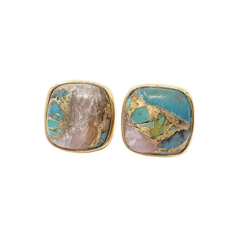 Womens Gold Plated Opal And Turquoise Gold Plated Gemstone Stud Earrings - - One Size - Harfi - Modalova