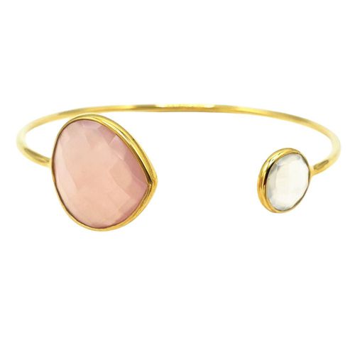 Womens 18ct Gold Vermeil Pink & White Chalcedony Gemstone Crystal Bangle Bracelet - - 7.5 inches - Harfi - Modalova