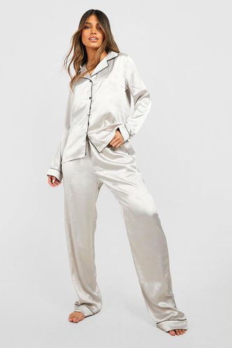 Womens Contrast Piping Button Down Satin Pyjama Set - - 10 - boohoo - Modalova