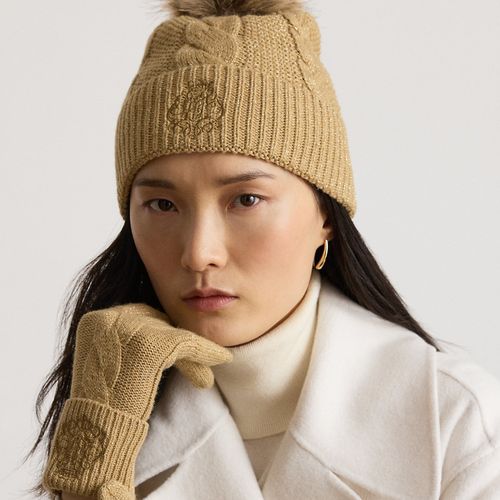 Embroidered-Crest Pom-Pom Cable Beanie - Lauren - Modalova
