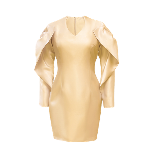 V NECK NIPPED AT THE WAIST DRESS WITH BOW STRUCTURED SLEEVE IN CHAMPAGNE - ANITABEL - Modalova