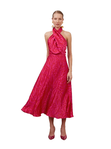 HEIDI red fuchsia print halter neck midi dress - UNDRESS - Modalova