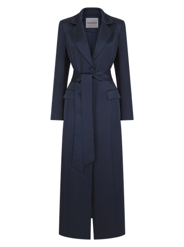 Saleha Navy Belted Satin Maxi Blazer Coat - Sameera - Modalova