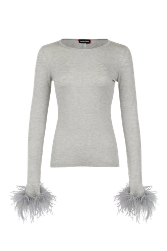 Grey cashmere top with detachable feather cuffs - ANDREEVA - Modalova