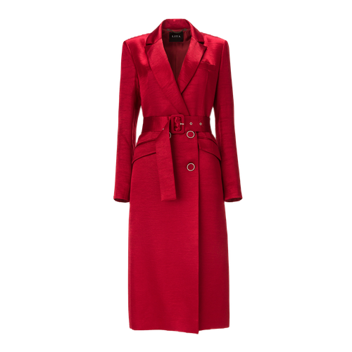 Belted midi trench coat in red satin blend - Lita Couture - Modalova