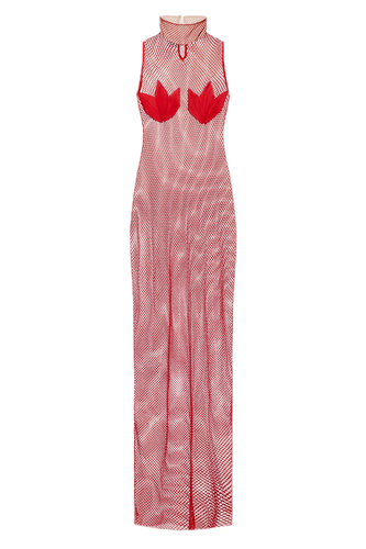 Red Mesh Crystal Maxi Dress - Malva Florea - Modalova