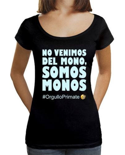 Camiseta Mujer Cuello Ancho Loose Fit Somos monos ¡Orgullo primate! (PaleoGirl, negra-celeste, ancha) laTostadora - latostadora.com - Modalova