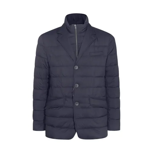 Blue Down Jacket with High Collar - Herno - Modalova
