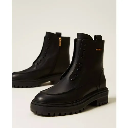 Chunky Leather Boots with Logo - Twinset - Modalova