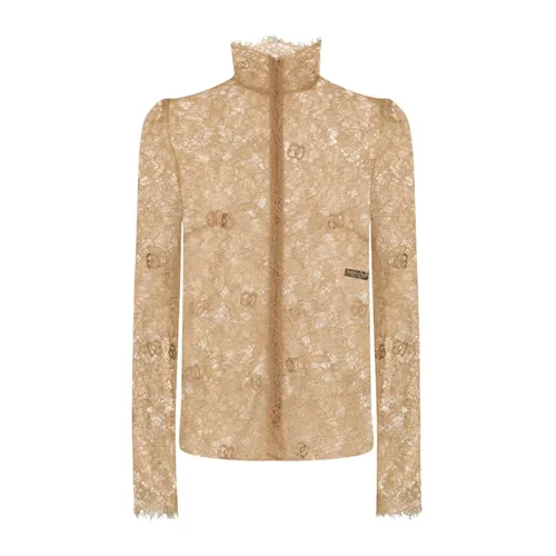 Lace Top with Embroidered Logo Detail - Dolce & Gabbana - Modalova
