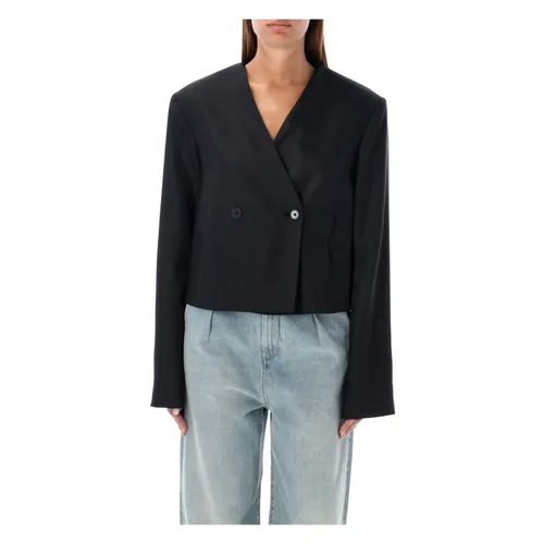 Black Wool-Blend Cropped Blazer - Loulou Studio - Modalova