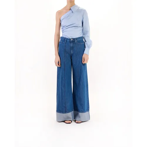 Folded Wide Leg Denim Pants - Karl Lagerfeld - Modalova