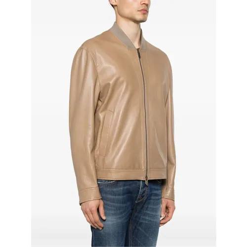 Beige Leather Jacket with Zip Closure - Salvatore Santoro - Modalova