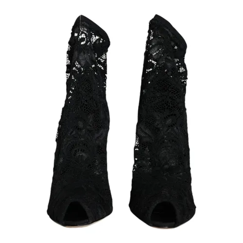 Black Lace Stretch Heel Boots - Dolce & Gabbana - Modalova
