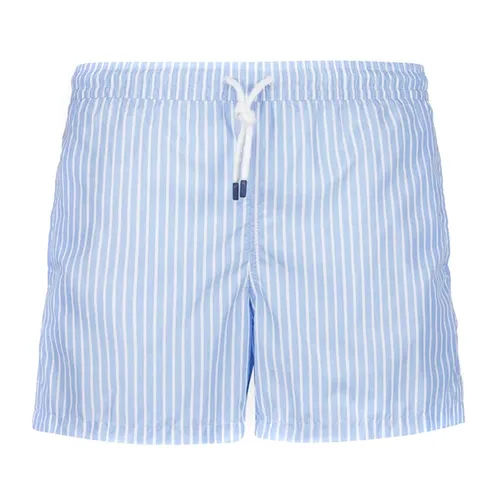 Blue Striped Swim Trunk with Summer Pattern - Fedeli - Modalova