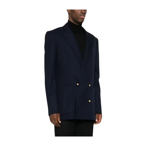 Navy Blue Double-Breasted Wool Blazer - Balmain - Modalova