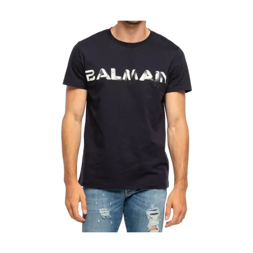 Dark Blue Cotton Short Sleeve T-Shirt - Balmain - Modalova