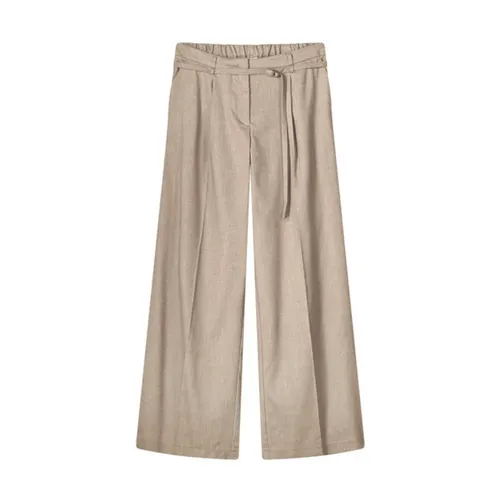 Wide Linen Blend Twill Trousers - Summum Woman - Modalova