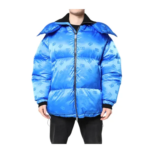 Blue Quilted Hooded Jacket with Logo - Dolce & Gabbana - Modalova