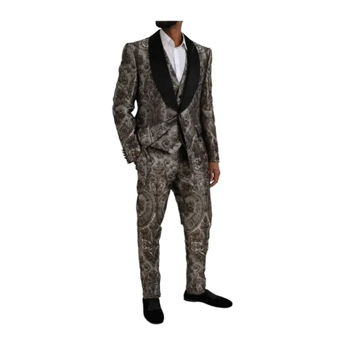Brown Floral Jacquard 3-Piece Suit - Dolce & Gabbana - Modalova
