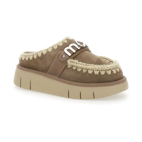 Brown Suede Mules with Logo Lettering - Mou - Modalova