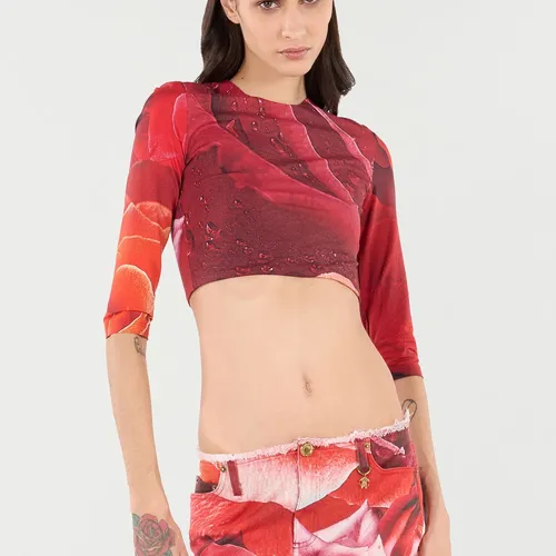 Maxi Rose Print Crop Top - Roberto Cavalli - Modalova