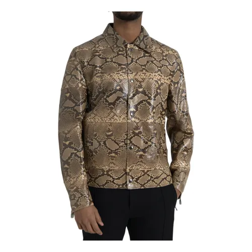 Python Leather Biker Jacket Beige - Dolce & Gabbana - Modalova