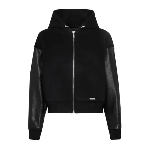 Abrigo negro con capucha y mangas de cuero - Dsquared2 - Modalova
