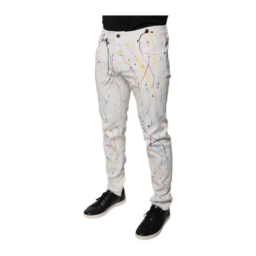 White Color Splash Skinny Denim Jeans - Dolce & Gabbana - Modalova