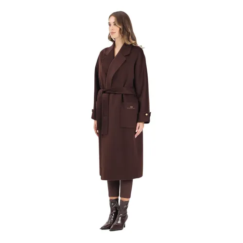 Brown Wrap Coat with Shawl Collar - Elisabetta Franchi - Modalova