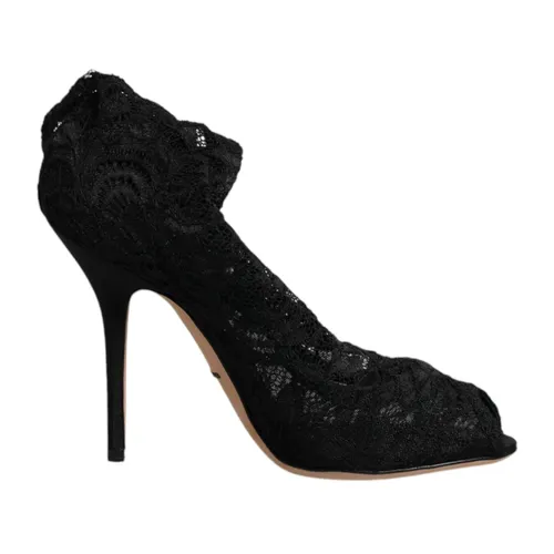 Stivaletti Neri in Pizzo Stretch a Metà Polpaccio - Dolce & Gabbana - Modalova