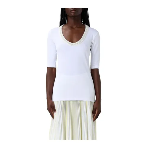 White Beaded Neckline Half Sleeve Top - Fabiana Filippi - Modalova