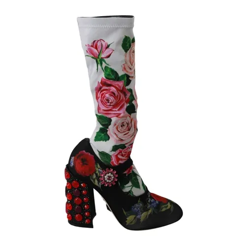 Black Floral Crystal Jersey Boots - Dolce & Gabbana - Modalova