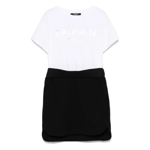 White Crew Neck Dress with Logo - Balmain - Modalova