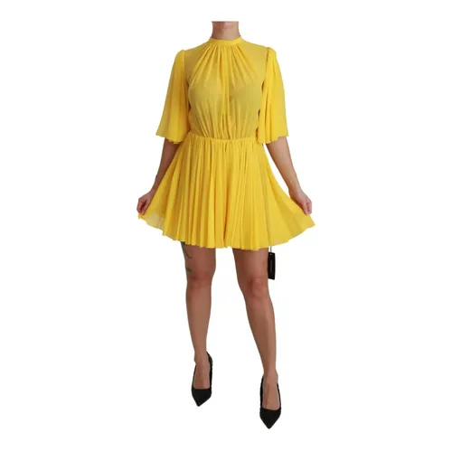 Yellow Silk Pleated A-line Mini Dress - Dolce & Gabbana - Modalova