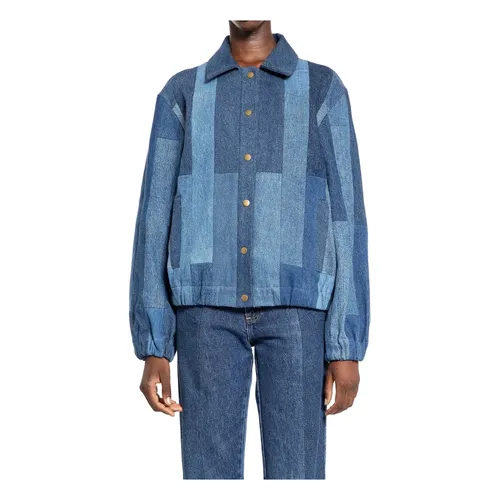 Blue Denim Bomber Jacket with Patchwork - E.l.v. Denim - Modalova