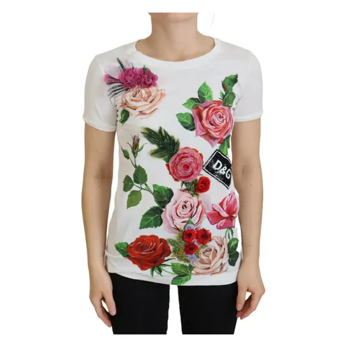 Elegant Multicolor Rose Print Cotton Tee - Dolce & Gabbana - Modalova