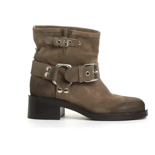 Taupe Suede Biker Boots - Strategia - Modalova