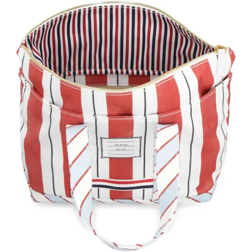 Striped Canvas Tote Bag with Leather - Thom Browne - Modalova