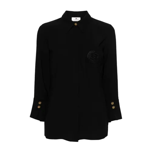 Black Viscose Shirt with Logo Embroidery - Elisabetta Franchi - Modalova