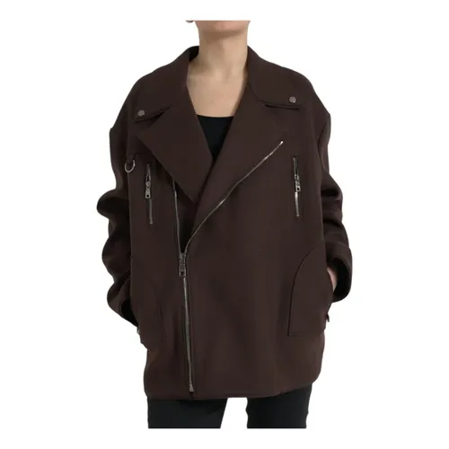 Dark Brown Wool Biker Jacket - Dolce & Gabbana - Modalova