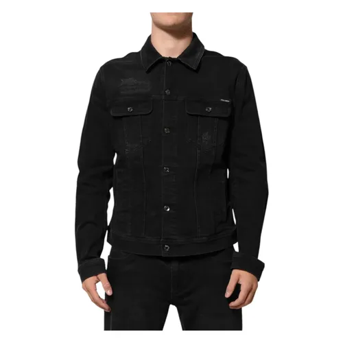 Black Denim Stretch Button Up Jacket - Dolce & Gabbana - Modalova