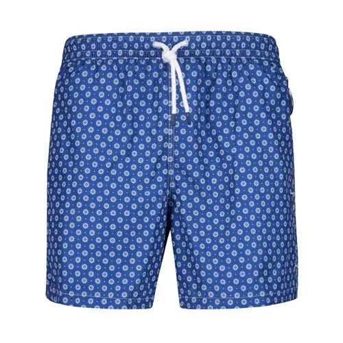 Blue Flower Pattern Swim Trunk - Fedeli - Modalova