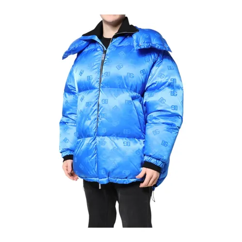 Blue Quilted Hooded Jacket with Logo - Dolce & Gabbana - Modalova