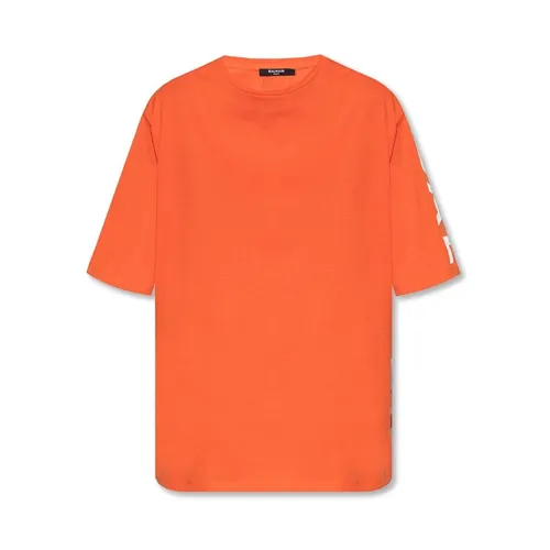 Orange Logo Print Cotton T-Shirt - Balmain - Modalova