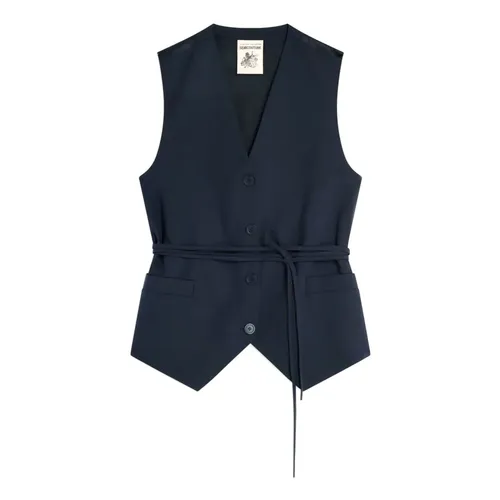 Dark Blue Wool Waistcoat with Belt - Semicouture - Modalova