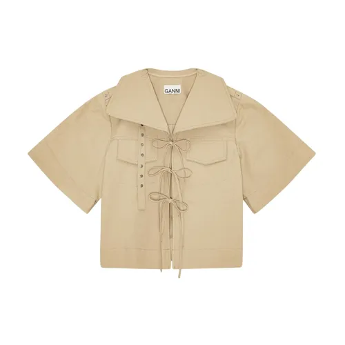 Beige Stretch Cotton Blouse with Statement Collar - Ganni - Modalova